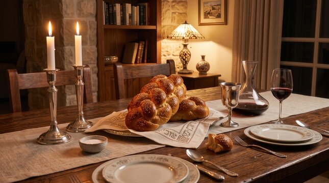 Elegant dinner setting with challah bread and wine in cozy atmosphere