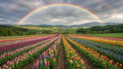 Obraz premium Colorful tulip fields beneath a stunning rainbow in a beautiful landscape