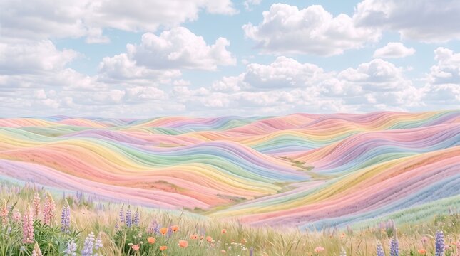 Vibrant pastel floral landscape with rolling hills and blue sky