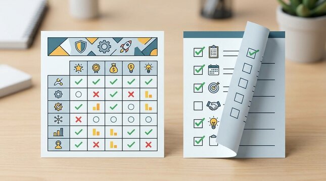 Comparison Chart beside a Folded Checklist Tab &ndash; Insurance Policy Comparison Concept