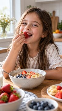 Young girl smiles while eating a strawberry, surrounded by bowls of fruit and oatmeal on a kitchen table with natural light
