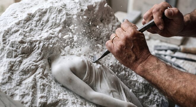Sculptor carving marble statue with hammer and chisel as stone fragments fly, traditional craftsmanship and sculpture art concept