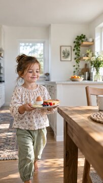 Young girl walks with a plate of food towards a wooden table in a bright kitchen, featuring plants and decorative elements in the background