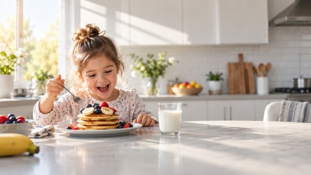 Young girl with curly hair smiles while eating pancakes topped with berries at a kitchen table, with a glass of milk and fruit visible in the background