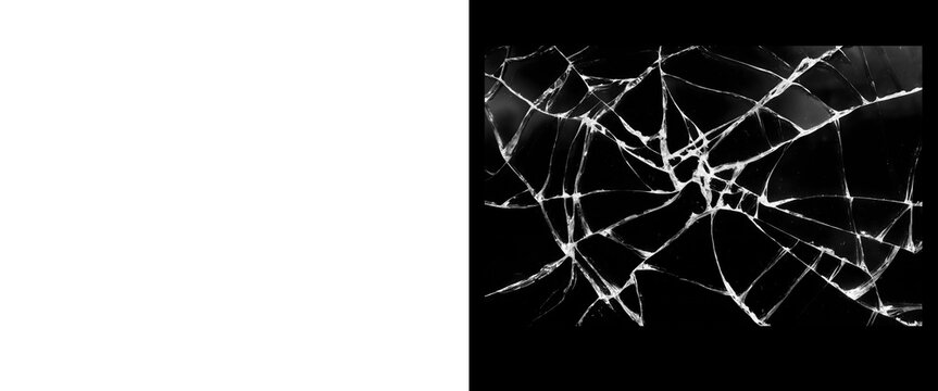 Shattered glass texture on black background, broken window screen with white cracks, realistic cracked glass overlay for photo editing and design