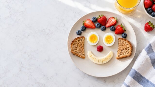 Plate of breakfast food creatively arranged to resemble a smiling face, featuring boiled eggs, banana, strawberries, blueberries, and toast with orange juice nearby