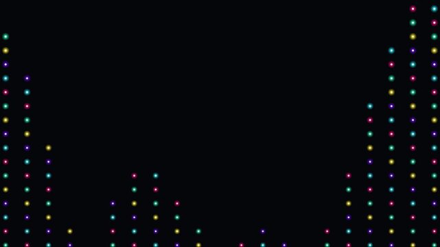 High-definition seamless glowing neon dot background loop featuring neon dot audio equalizer spectrum bars with vibrant cyberpunk color aesthetics. Ideal for VJ visuals, concert backdrops, digital art