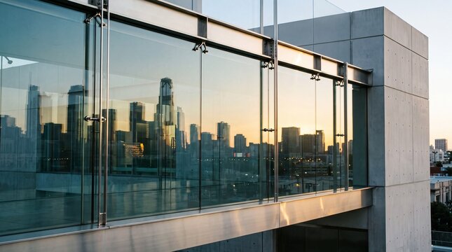Modern Glass Balcony Reflecting City Skyline at Sunset