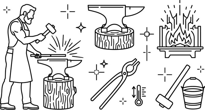 Blacksmith workshop line art elements set with smith forging hot metal anvil furnace tongs hammer bucket sparks vector
