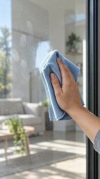 Person uses a blue microfiber cloth to clean a glass window, revealing a bright living room with plants and furniture in the background