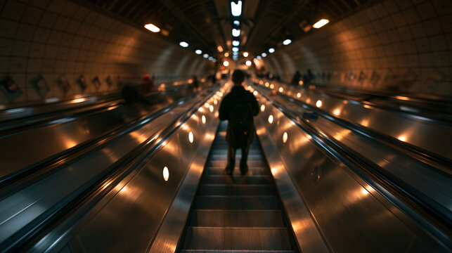 Commuter Moving Down Escalator in Underground Subway Station