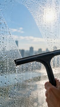Hand holding a squeegee cleaning a window with a view of green trees and distant hills under a bright blue sky in a residential setting
