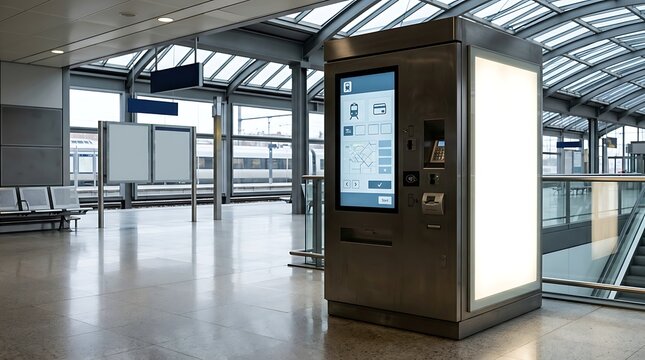 Modern stainless steel ticketing kiosk with interactive touchscreen inside a bright transit station hall