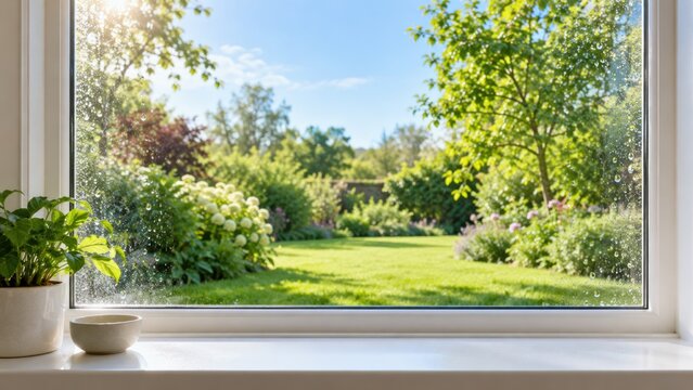Lush garden visible through a window with raindrops, showcasing colorful flowers, green grass, and trees under a bright blue sky