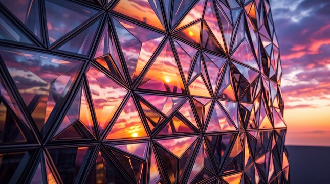 Geometric Glass Facade Reflecting Sunset on Modern Building