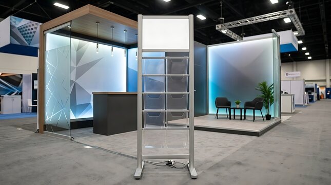 Contemporary empty exhibition booth featuring a sleek, illuminated design and a prominent freestanding brochure display, meticulously prepared within a large convention hall for an event