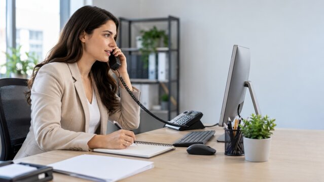 Businesswoman on a phone call takes notes at her office desk, featuring a computer, stationery, and a potted plant in the background