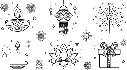 Diwali line art elements set with burning diya oil lamp candle lotus flower lantern fireworks and gift box © Vactor Itbd