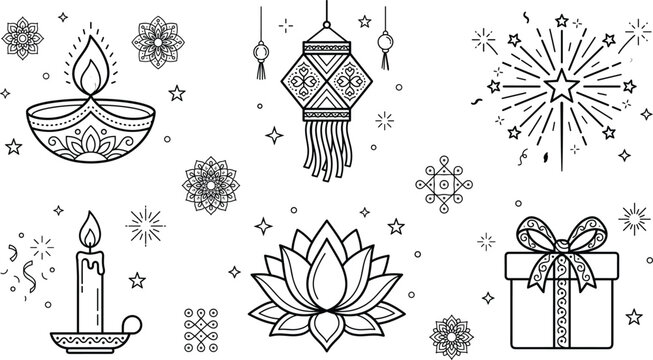 Diwali line art elements set with burning diya oil lamp candle lotus flower lantern fireworks and gift box