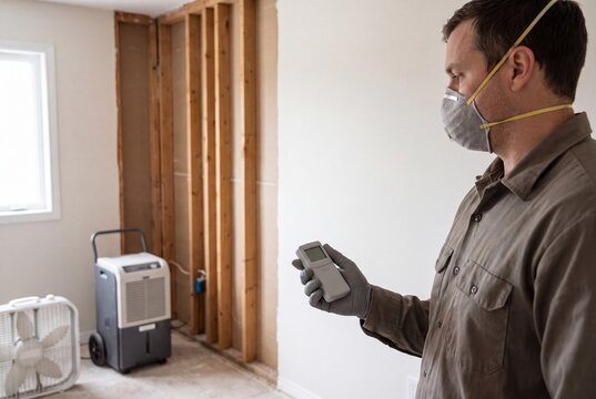 Contractor checking wall dampness with digital moisture sensor