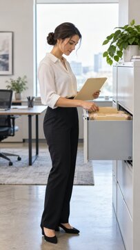 Woman in white shirt and black pants sorts through files in a cabinet within a contemporary office space, featuring a desk and greenery