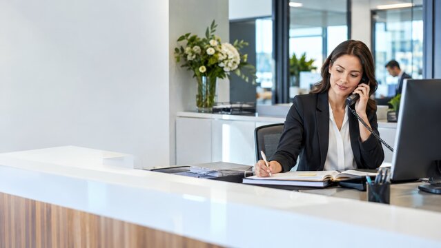Businesswoman in black suit using telephone while working at desk with computer in modern office environment, plants and lamps visible in the background