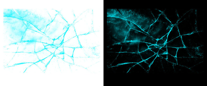 Cracked glass texture set with cyan ice shards, broken window effect on black and white backgrounds, shattered glass overlay for digital art