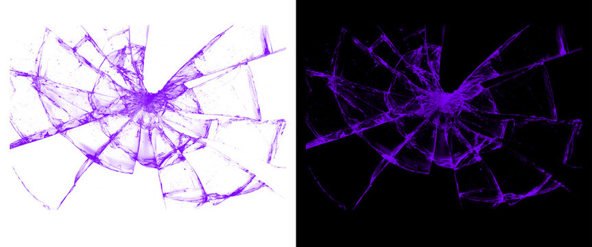 Purple shattered glass texture on white and black backgrounds, broken window spiderweb cracks, cracked screen effect for digital art