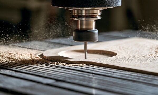 CNC router machine cuts wood panel in workshop for industrial production