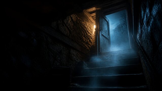 Open Cellar Door Above Dark Basement Stairs