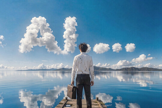 The a man stands on a pier looking at giant cloud letters against a bright blue sky, mirroring a tranquil sea and distant mountains.
