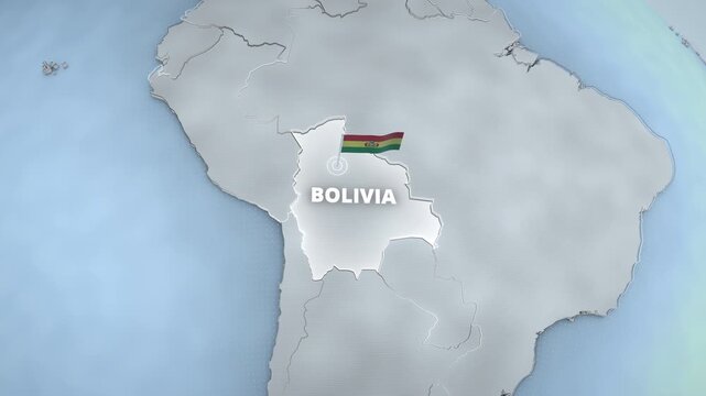 3D geographical map of Bolivia with national flag and extruded borders. Clean white topography for educational documentaries, travel infographics, or widescreen presentation backdrops.
