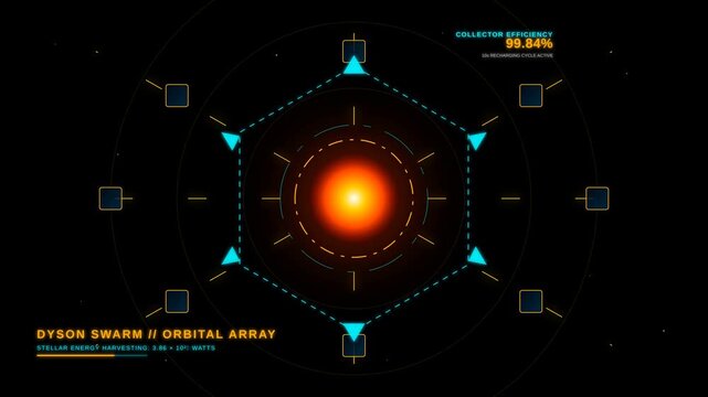 Futuristic Dyson Swarm Orbital Array Interface Displaying Stellar Energy Harvesting Data Visualization