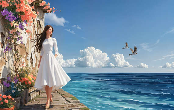 The a woman in a white dress stands on a pier next to a blooming wall, gazing out at the vast, beautiful blue ocean under a bright sky.