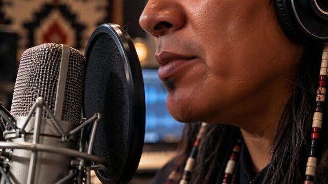 Native American woman recording audio in a studio, highlighting cultural heritage, storytelling, media production, education, communication, and Indigenous voices.