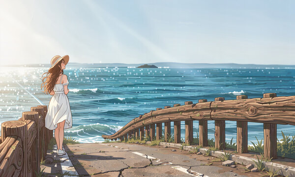 The a woman in a white dress stands on a wooden pier overlooking a bright, sunny ocean vista.