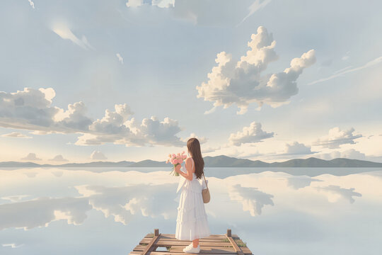 The a woman in a white dress stands on a wooden platform over calm water, holding flowers, against a vast sky with scattered clouds.
