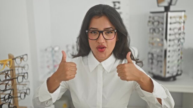 Woman with glasses showing double thumbs up among eyeglass racks in an optician building; confidence approval.