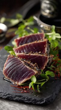 Sliced seared tuna rests atop fresh microgreens on a black slate plate. The rare ahi fillet showcases gourmet cuisine and elegant seafood presentation.