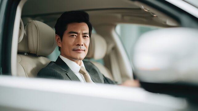 A confident businessman sits elegantly in a luxury car. He exudes professionalism and success, making this a perfect image for business and executive themes.