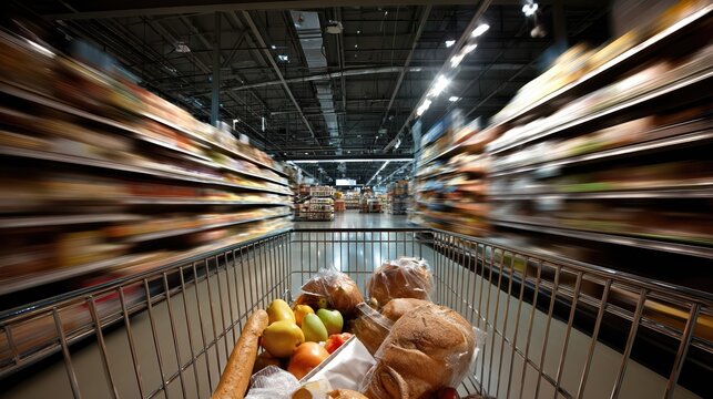 A shopping cart filled with fresh bread and produce moves swiftly through a supermarket aisle. Dynamic shelves blur by, capturing the energy of grocery shopping.