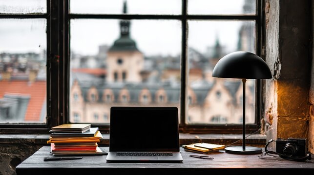 A stylish workspace with a laptop and stack of books overlooks a blurred historical cityscape. The cozy setup with retro decor and soft daylight inspires creativity.
