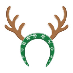 Brown reindeer antlers headband with green snowflake pattern band isolated on transparent background. Festive Xmas deer horn costume illustration for holiday photo props. © JameArtStudio 