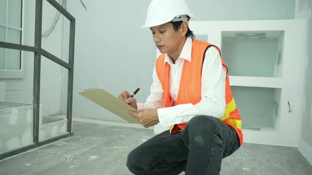 inspector or engineer is inspecting construction and quality assurance new house using a checklist. Engineers or architects or contactor work to build the house before handing it over to the homeowner