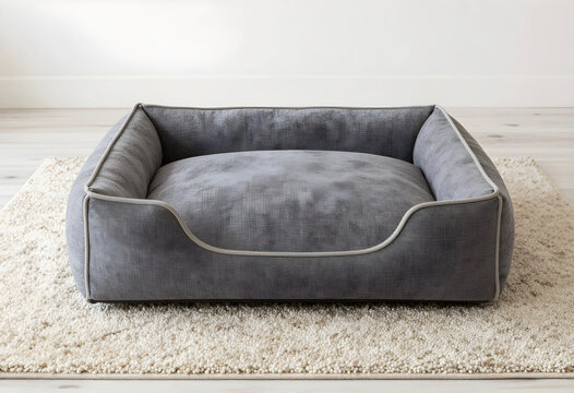 Pet care and comfort, grey dog bed on a textured rug for home interior design and animal wellness in a modern living room setting with minimalist style