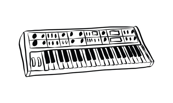 Synthesizer keys with flowing curves on white background, perfect for vintage concert flyers, electronic music posters, and abstract design projects.