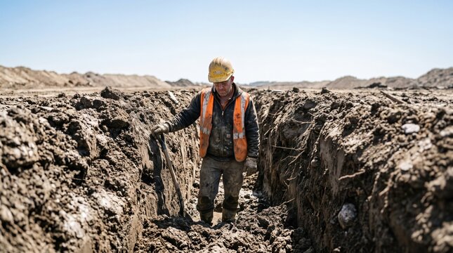 a construction worker wearing a hard hat standing with a shovel in a deep soil trench.