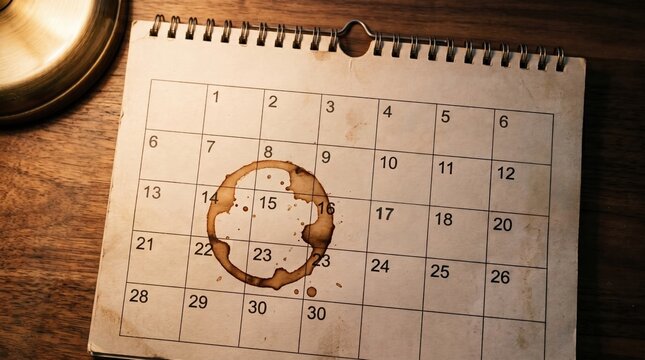 a desk calendar with a large coffee cup stain circle over dates representing deadlines and schedule management.