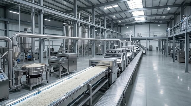 a modern industrial factory production line with stainless steel conveyors, machinery, and storage tanks.