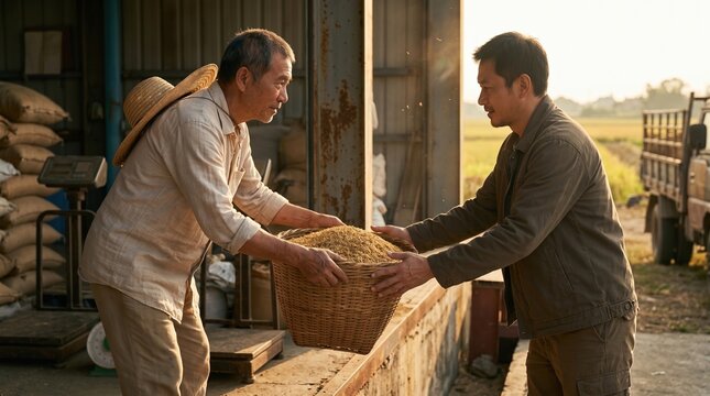 farmers lifting a woven basket full of harvested rice paddy grains in a warehouse.